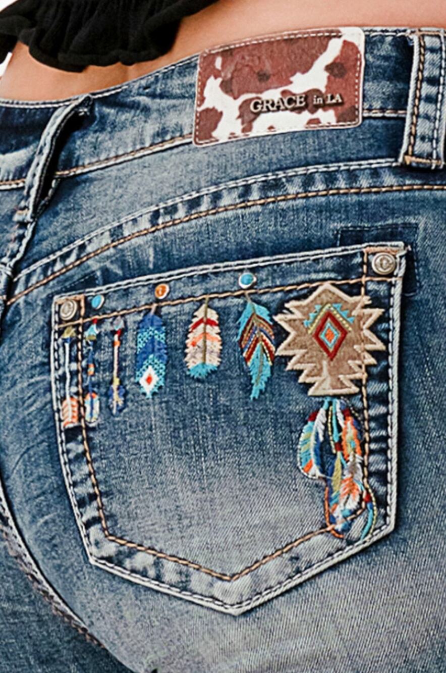 Grace in LA Women's Aztec Feather Embroidery Embellished Bootcut Stretch Jeans